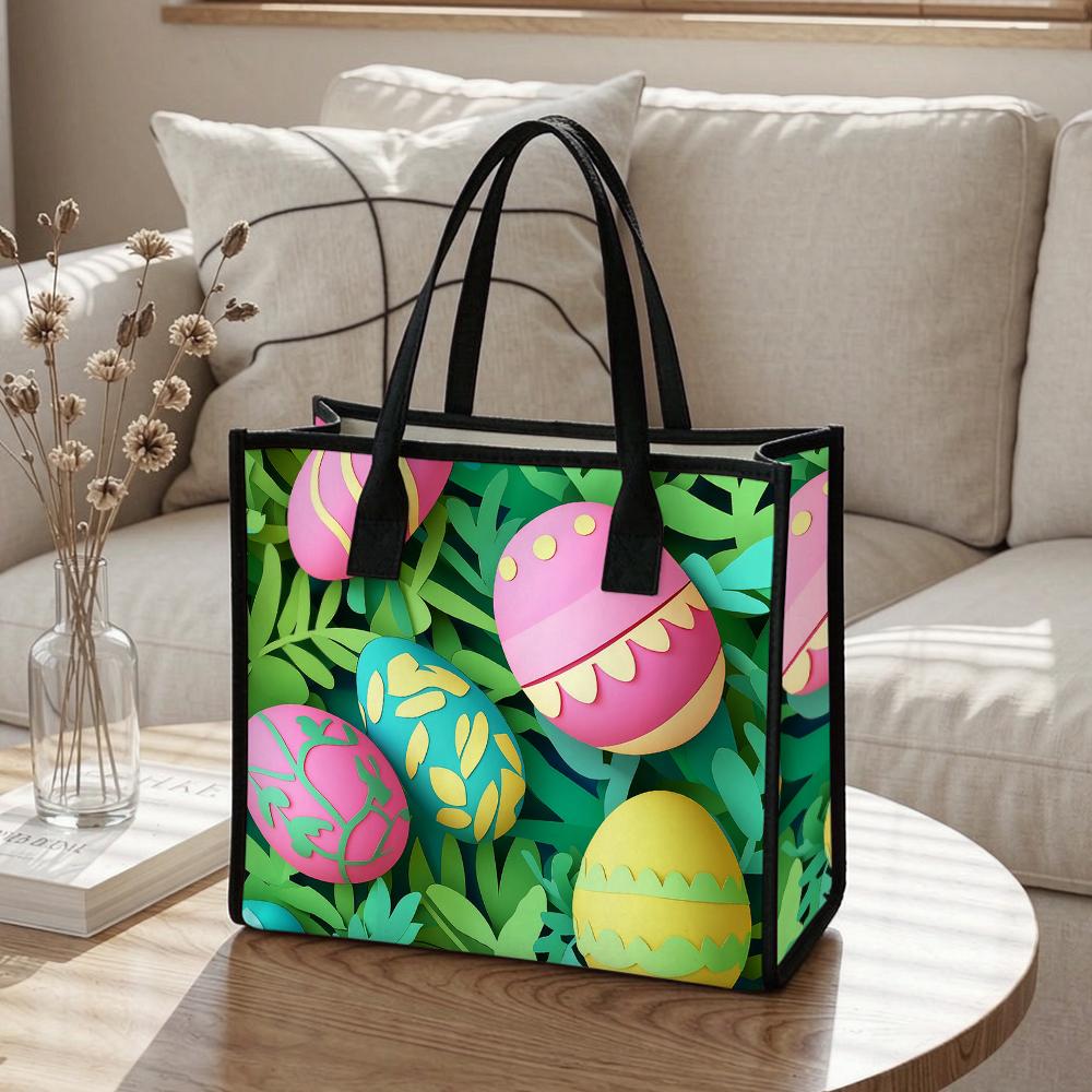 Easter Egg Pattern Tote Bag Cute Green Leaf Print Daily Use Portable Fashion Casual Shopping Handbag