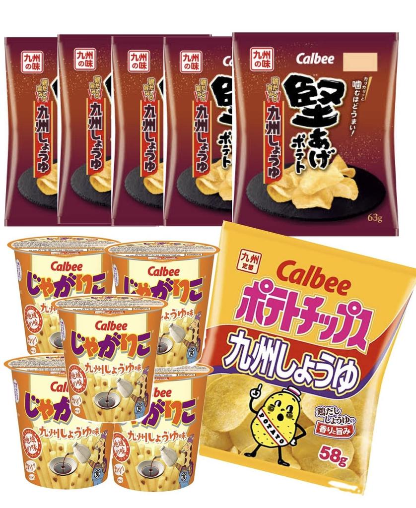Calbee 5 x 63g Potato 5 x Jagariko Kyushu Soy Sauce 1 x 58g Kyushu Soy Sauce Chips 11-pack Hard-Fried Chips, Chips, (FK)