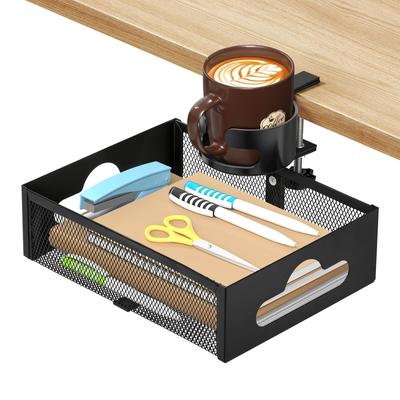 Andacar Under-Table Storage Rack, 360-Degree Rotation, with Drink Holder, Clamp-Type, No Drilling Required, Easy Installation, Cable Management, Cord