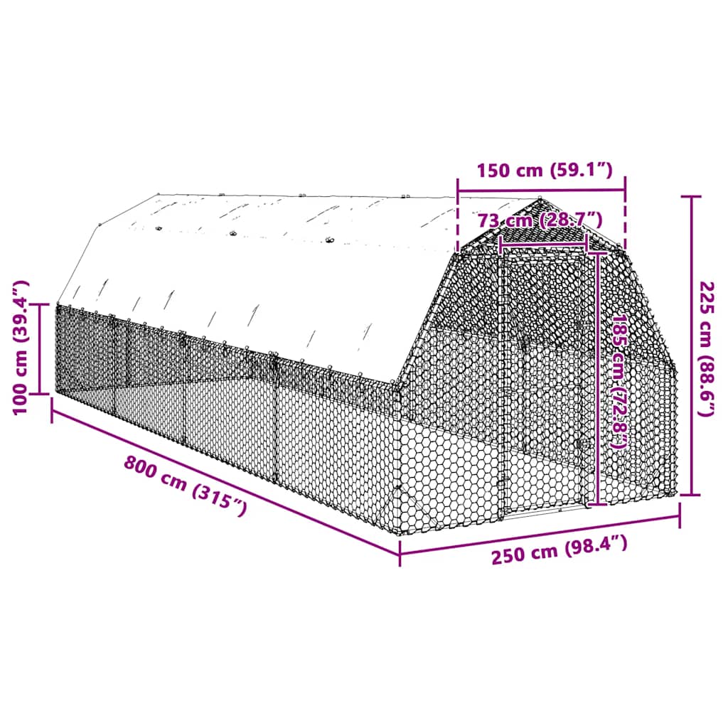 Vidaxl Gabbia con Tetto 2,5X8X2,25 M Acciaio Zincato