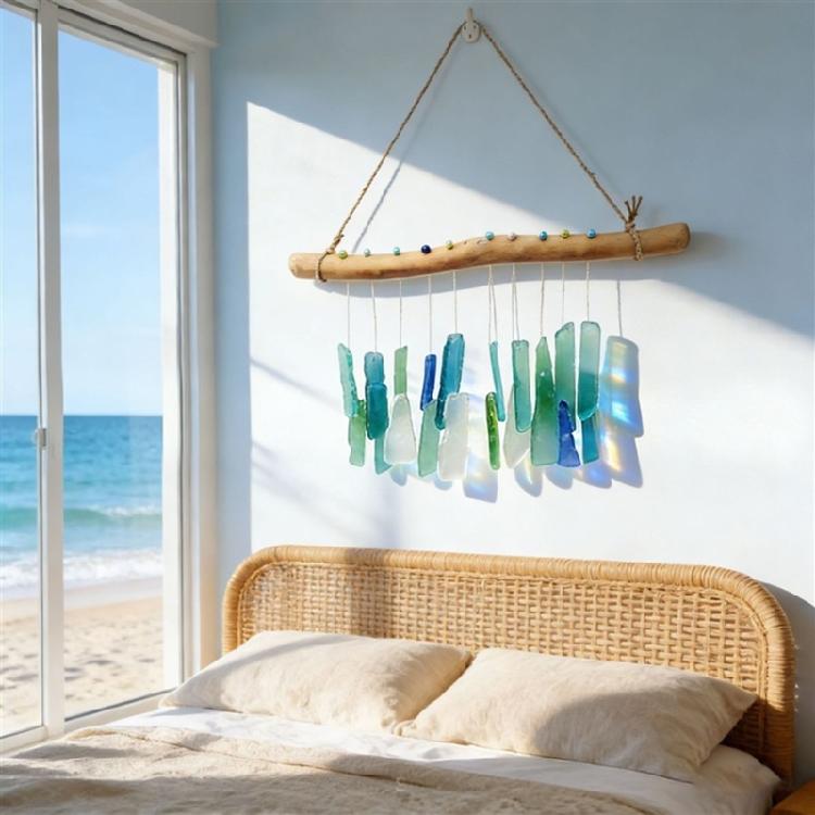 Campanelli a Vento in Vetro di Mare e Legno Galleggiante Campanelli a Vento Artigianali per Esterno Decorazioni a Tema Oceano/Spiaggia Regalo per Inaugurazione Casa