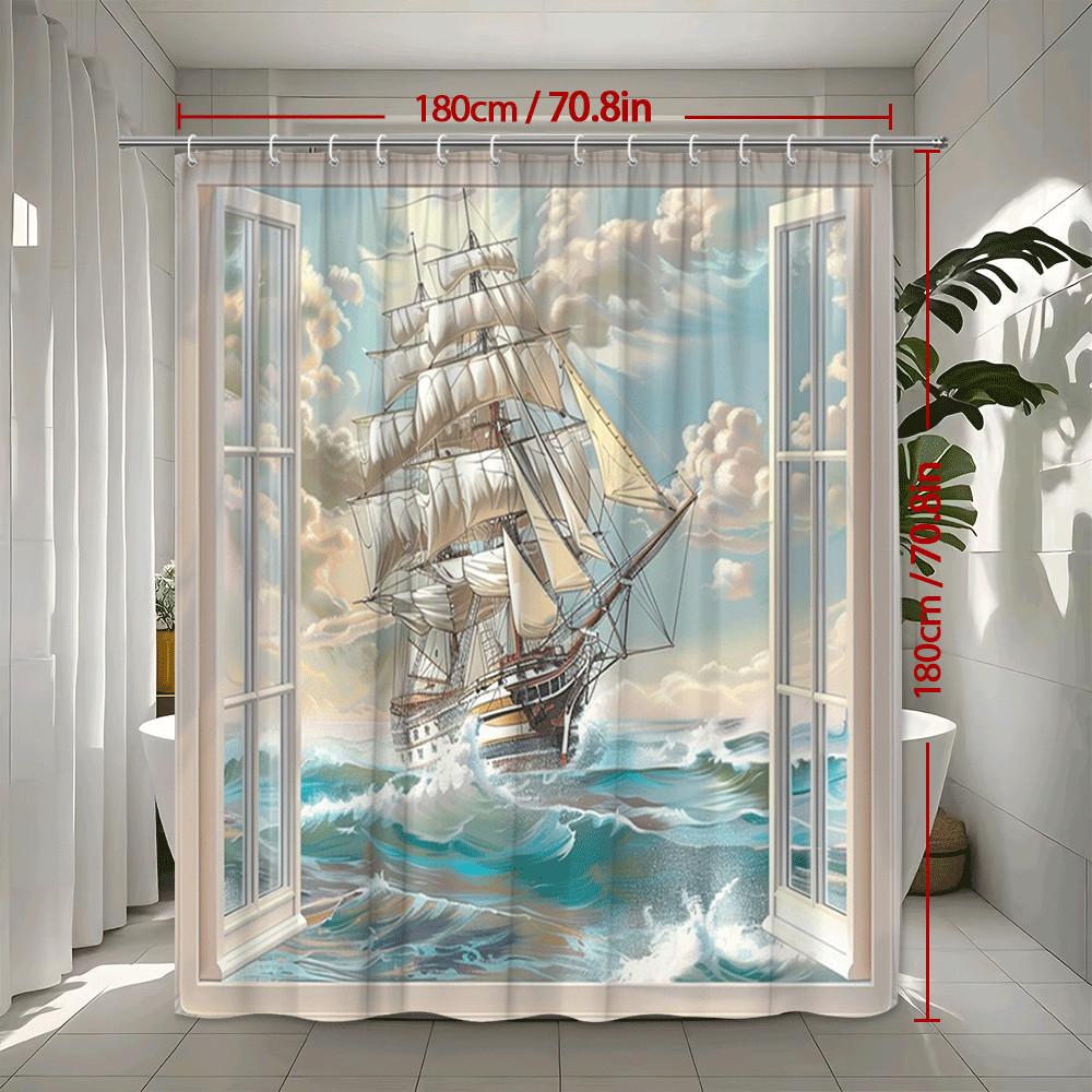 Sailing Ship Window View Shower Curtain Ocean Waves And Sky Scene Waterproof Easy To Install Enhance Your Space Non-Toxic