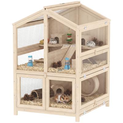 Hamster Cage Made of Wood 3-Tier Rodent Cage Small Animal Cage with Huts, Seesaws, Ramps, Water Bowls 68x61.5x90 Cm Natural Wood