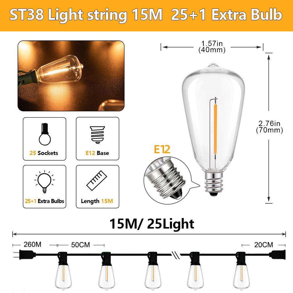 ST38 String Lights Outdoor Garland Connectable Shatterproof Waterproof Plastic LED Bulb Dimmable Patio Garden Decor Fairy Lighst