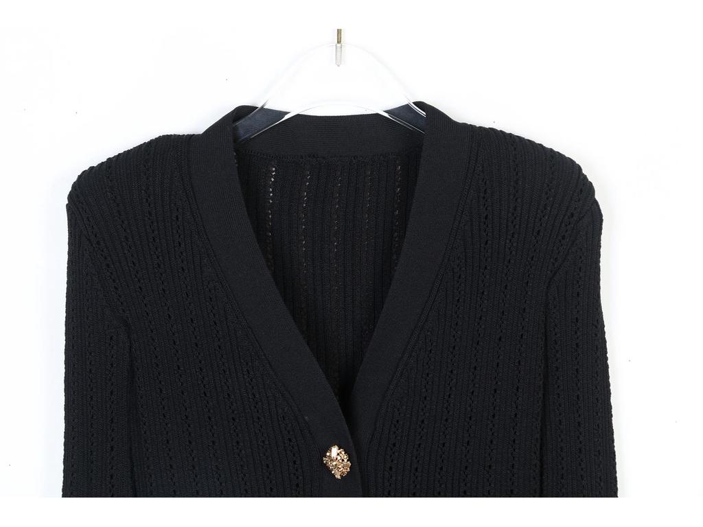 Women's French V-Neck Knit Cardigan with Waist-Cinching Design and Hollow Long Sleeves