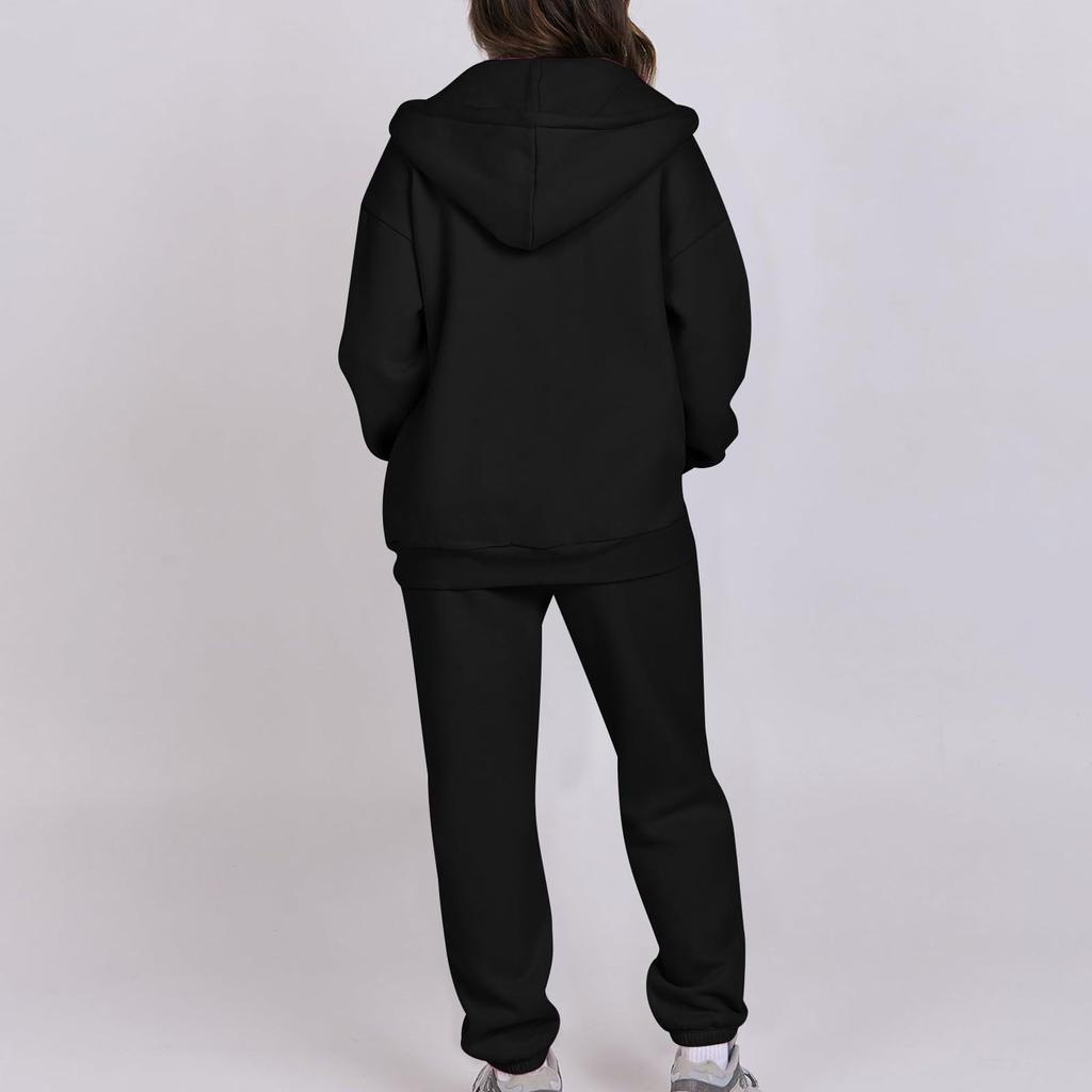 Women's Fashion Hooded Long Sleeve Solid Color Zipper Elastic Waist Loose Sweatshirt Set