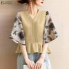 ZANZEA Women Round Neck Loose Casual Splice 3/4 Sleeve Blouse