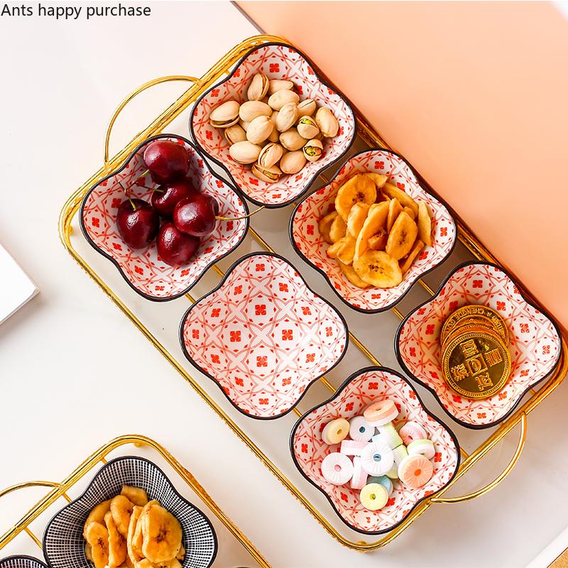 Ceramics Snack Platter Snack Bowl with Metal Frame Japanese-style Snacks Dried Fruit Dish with Golden Base Dim Sum Fruit Plate