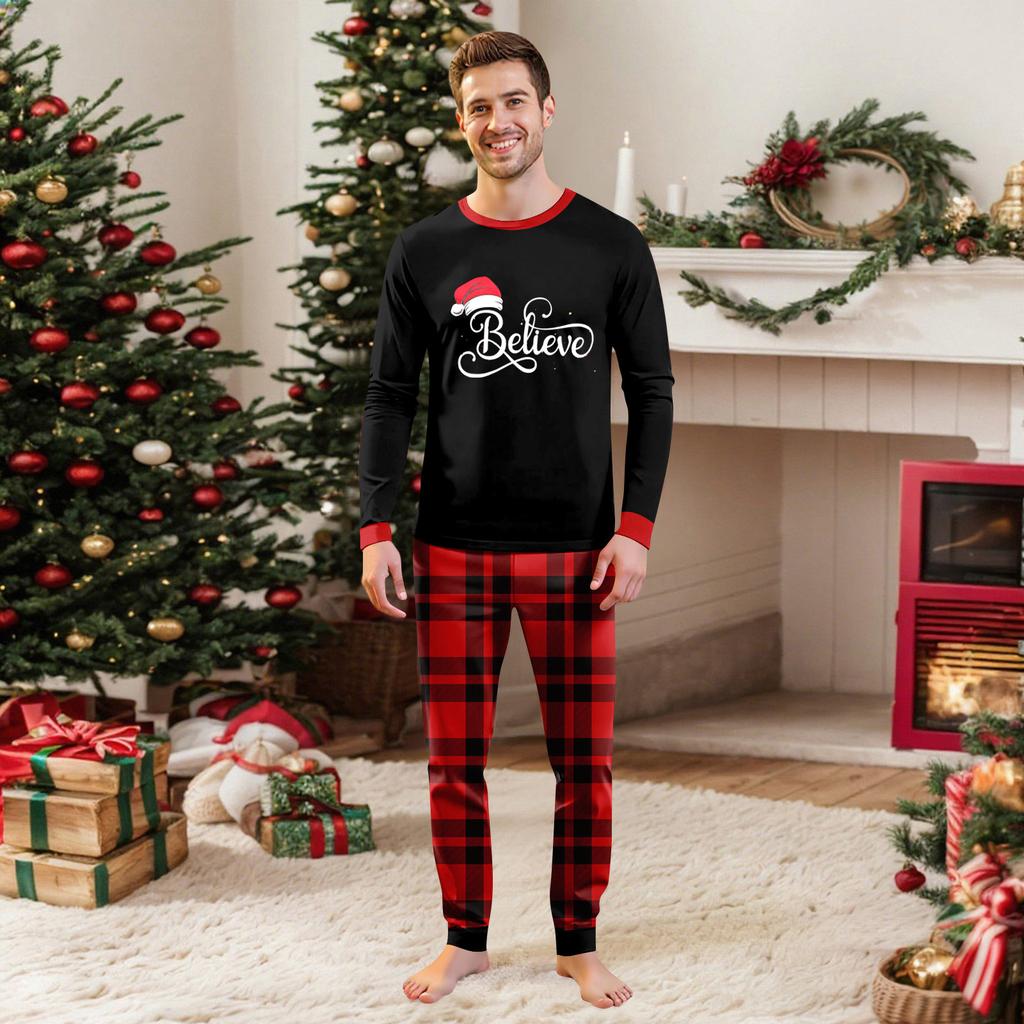 Parent Child Outfit Christmas Print Home Long Sleeved Top And Plaid Striped Trousers Set