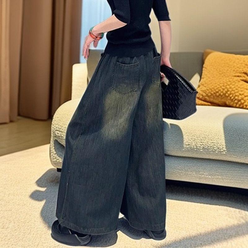 Vintage Style Embroidered Wide Leg Jeans for Women Elastic High Waist Casual Denim Pants Women 2025