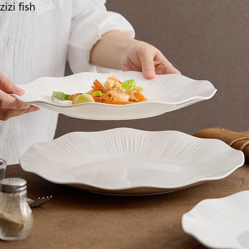 Kreativní pruhovaný keramický plochý talíř s lotosovým listem, restaurace, steakový talíř, dezertní talíř na těstoviny, molekulární kuchyně, speciální nádobí