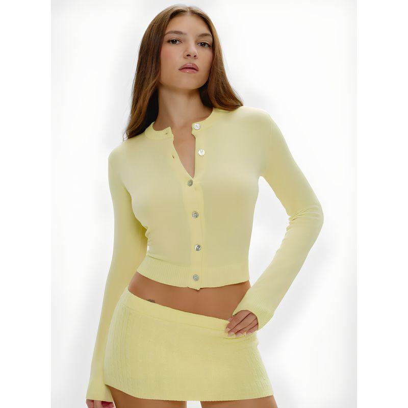 Autumn Dopamine Frankies American Sexy Round Neck Minimalist Shell Button Knitted Cardigan Silm Short Top