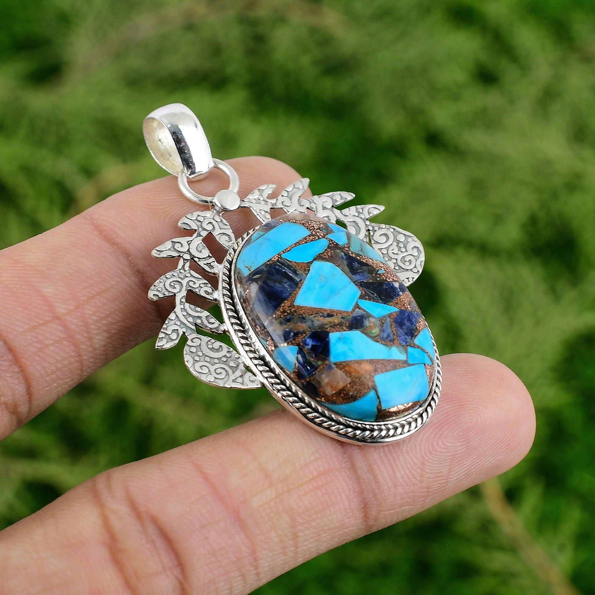 

Oval Copper Multi Turquoise Gemstone Anniversary Birthday New Pendant 925 Silver