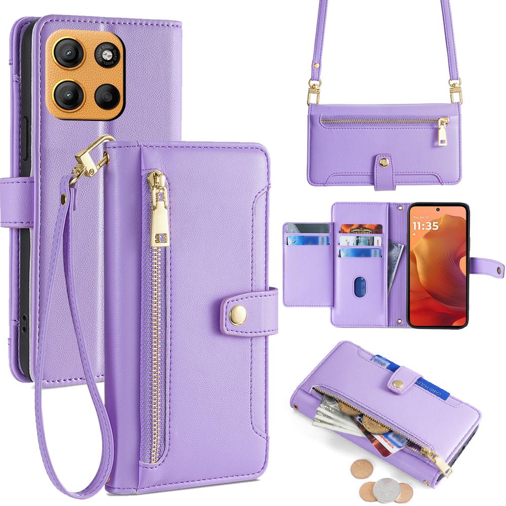 

For Motorola Moto G15 4G/G15 Power 4G Case Zipper Pocket Wallet Leather Phone Cover with 2 Straps Purple