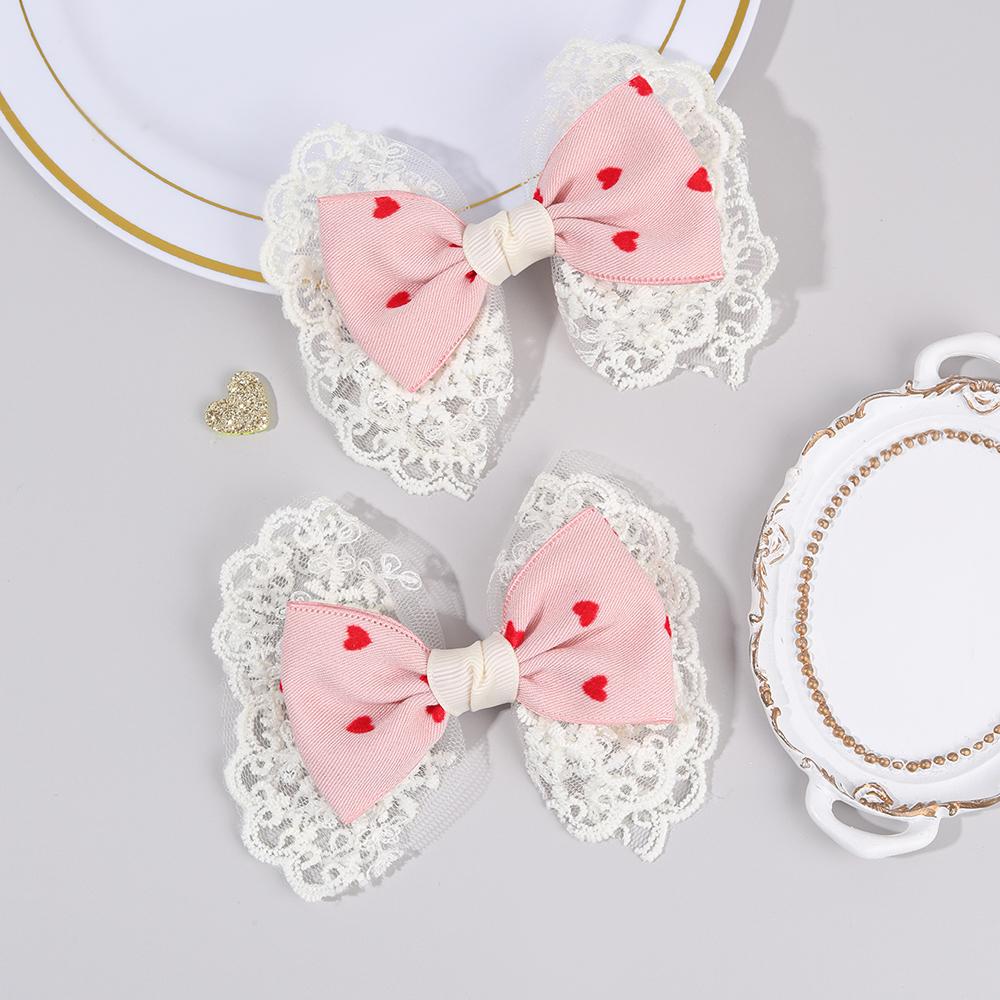 2Pcs Sweet Heart Print Hair Clips Flower Lace Hairpins Cute Pink Barrette For Girls Children Fashion Headdress Hair Accessories