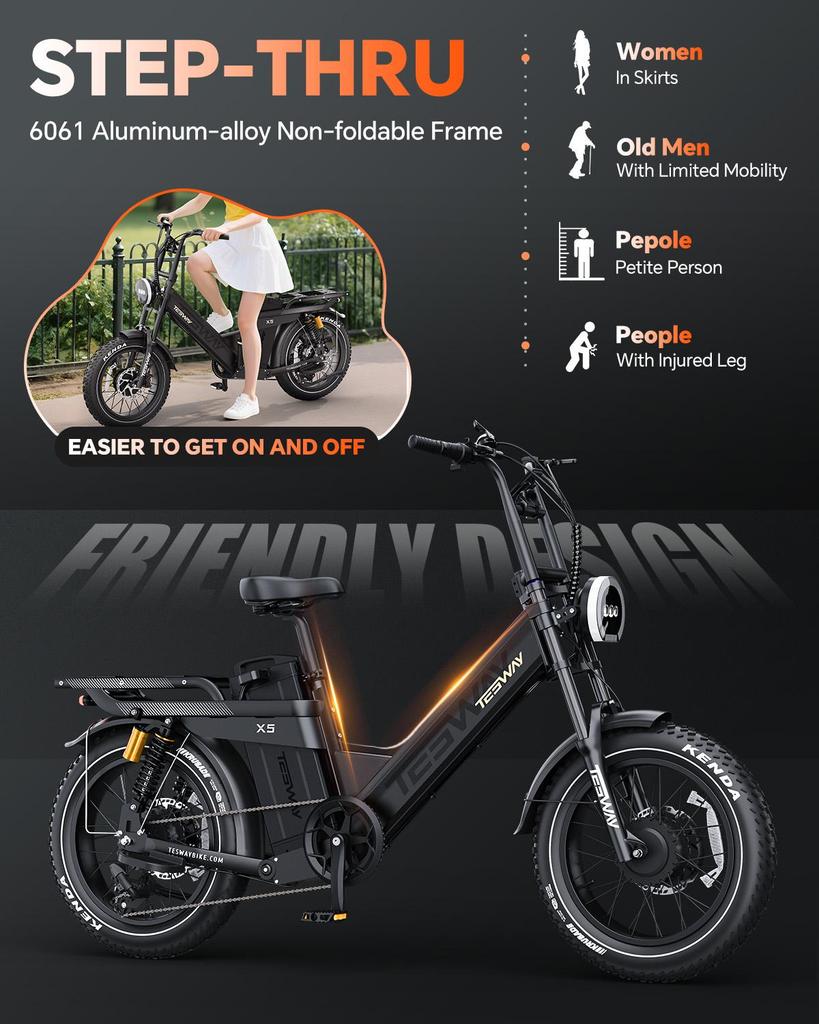 Tesway X5 AWD Electric Bike, Peak 3000W Dual Motor, 52V 60Ah Battery, Range 300km, 20*4.0'' Tires, 7 Speed, 8A Charger