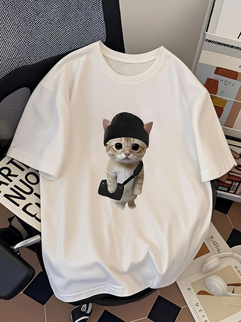TShirt with Cute Cat Camera Print SoftStretchy Round NeckTopPlayful Graphic TeeComfortable Fit Cat Lover Gifts