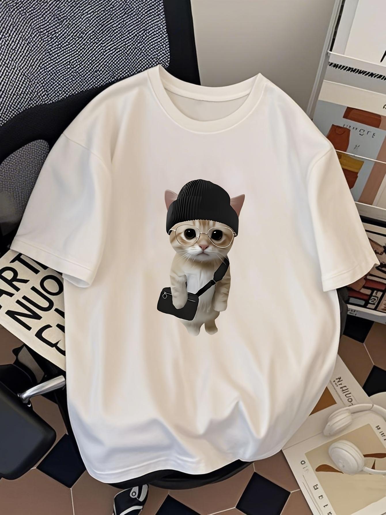 

TShirt with Cute Cat Camera Print SoftStretchy Round NeckTopPlayful Graphic TeeComfortable Fit Cat Lover Gifts S