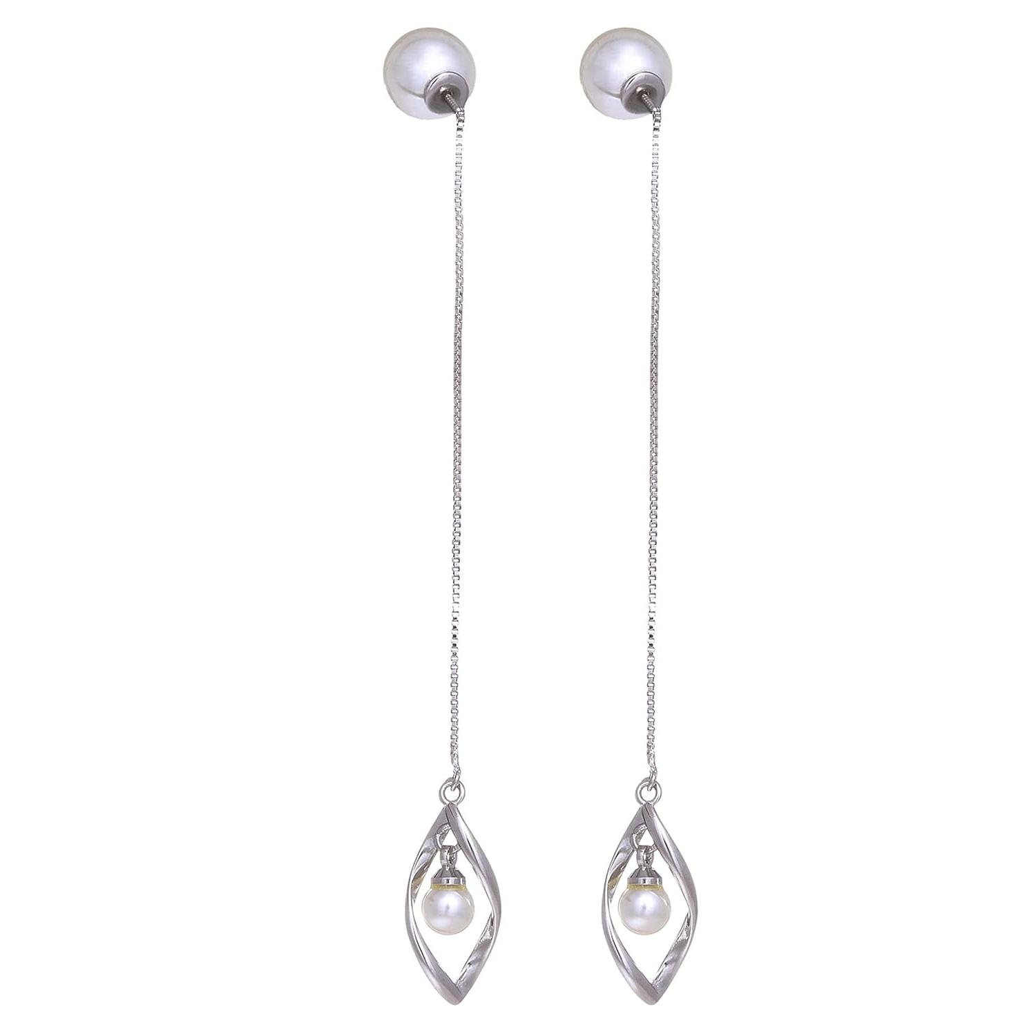 Серьги падения жемчуга серебряного цвета цепи листа имитированные длинные для женщин — фото 7