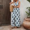 European and American New Belt Waist Ethnic Printing V-neck Sleeveless Split Dress Women's Summer