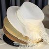 New Lace Bow Pearl Straw Hat Women's Summer Sun Hat Seaside Sun Protection Beach Hat Flat Top Hat