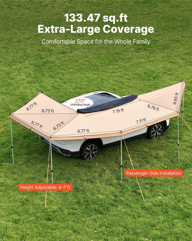 270 Degree Awning, 12.4 Driver Side Vehicle Awning, Waterproof UV50+ Car Side Awnings with Carry Bag, All-Weather Free-Standing Overland Awnings Car