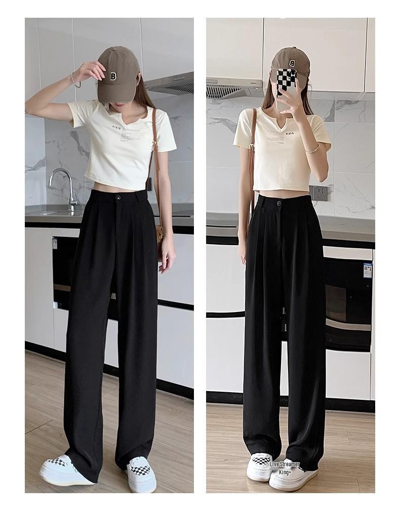 Plus Size Women's Black Drape Wide-Leg Trousers - Summer Casual Fit for Pear-Shaped Bodies