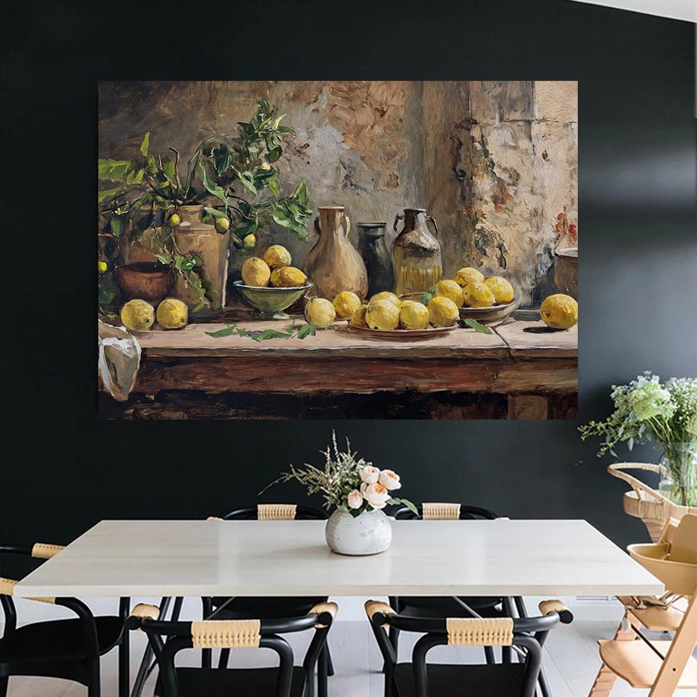 Apple Lemon Tree Still Life Canvas Painting Poster Vintage Fruit Print, Neutral Botanical Antique Kitchen Wall Art  Home Decor