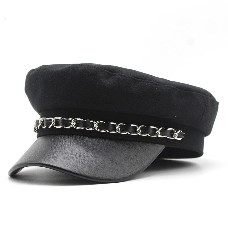 Pu Woolen Chain Flat Top Hat Season Male And Female Couples Student Hat Trendy Hat Navy Hat Beret