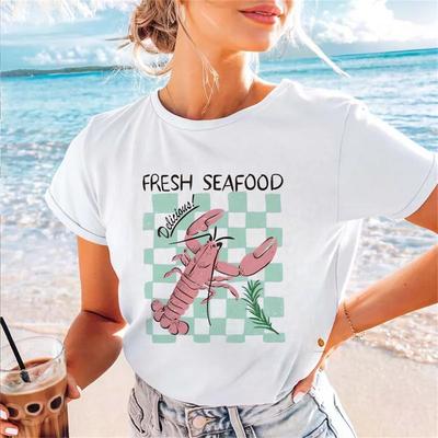 Mignon Écrevisse Imprimé Mode d'Été Harajuku Kawaii Manches Courtes Nouveau Haut pour Femme Basique Col Rond T-shirt Cartoon pour Femme