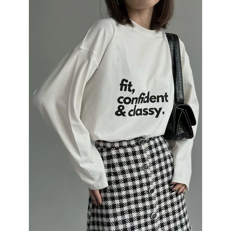 

Western Style Autumn New Loose Top Letters Print Long sleeves Shirt Printed Letter T-shirt White S