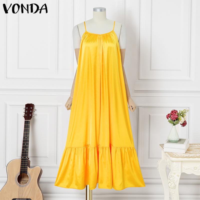 VONDA Summer Women Sleeveless Strap Solid Satin Casual Beach Loose Maxi Pleated Dress