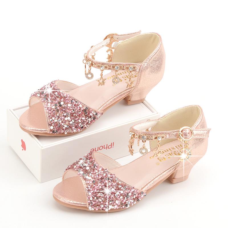 

Silver Crystal Princess High-Heeled Sandals for Girls - Summer & Performance Wear Size 28/18.5cm рожевий