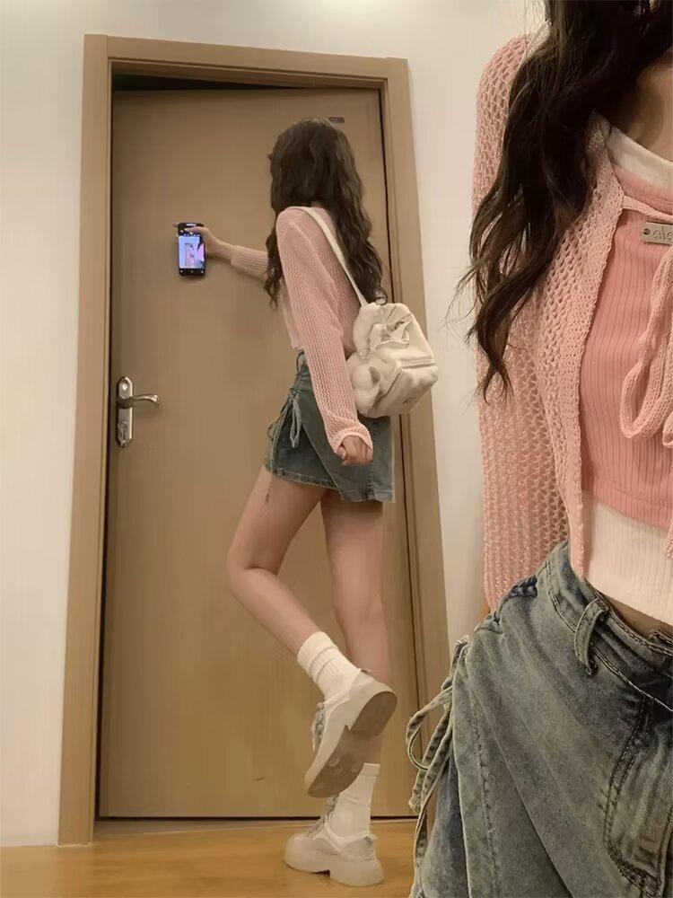 

Women s High-Waist Distressed Retro Denim Midi Skirt with Embroidery - A-Line Wrap with Built-in Shorts Small синий