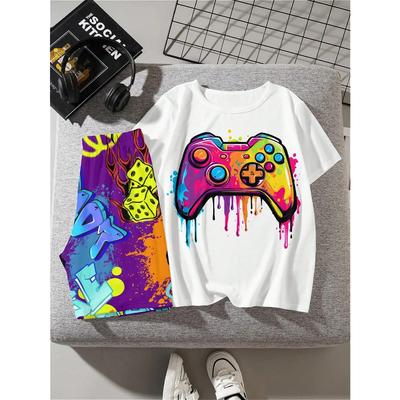 Lässiges und einfaches Set aus kurzärmligem T-Shirt und Shorts mit Spielkonsolen-Muster für Tween Boys, geeignet für den Sommer