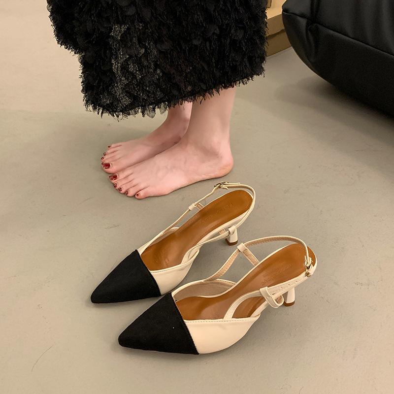 

2025 summer new fashion pointed thin heel sandals French color matching light mouth high heels empty fashion women s shoes 40 бежевый