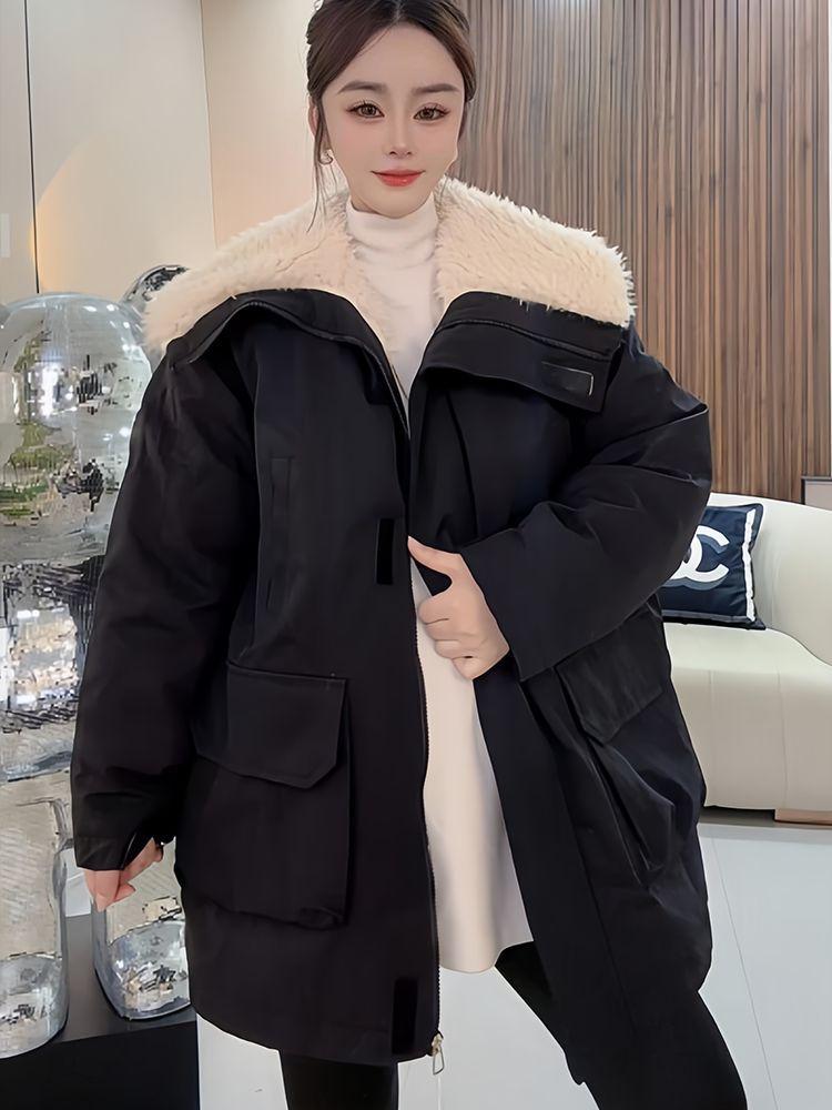 

Large lapel thickened cotton-padded clothes for women s 2025 new plush jacket warm pie overcome cotton clothes L чорний
