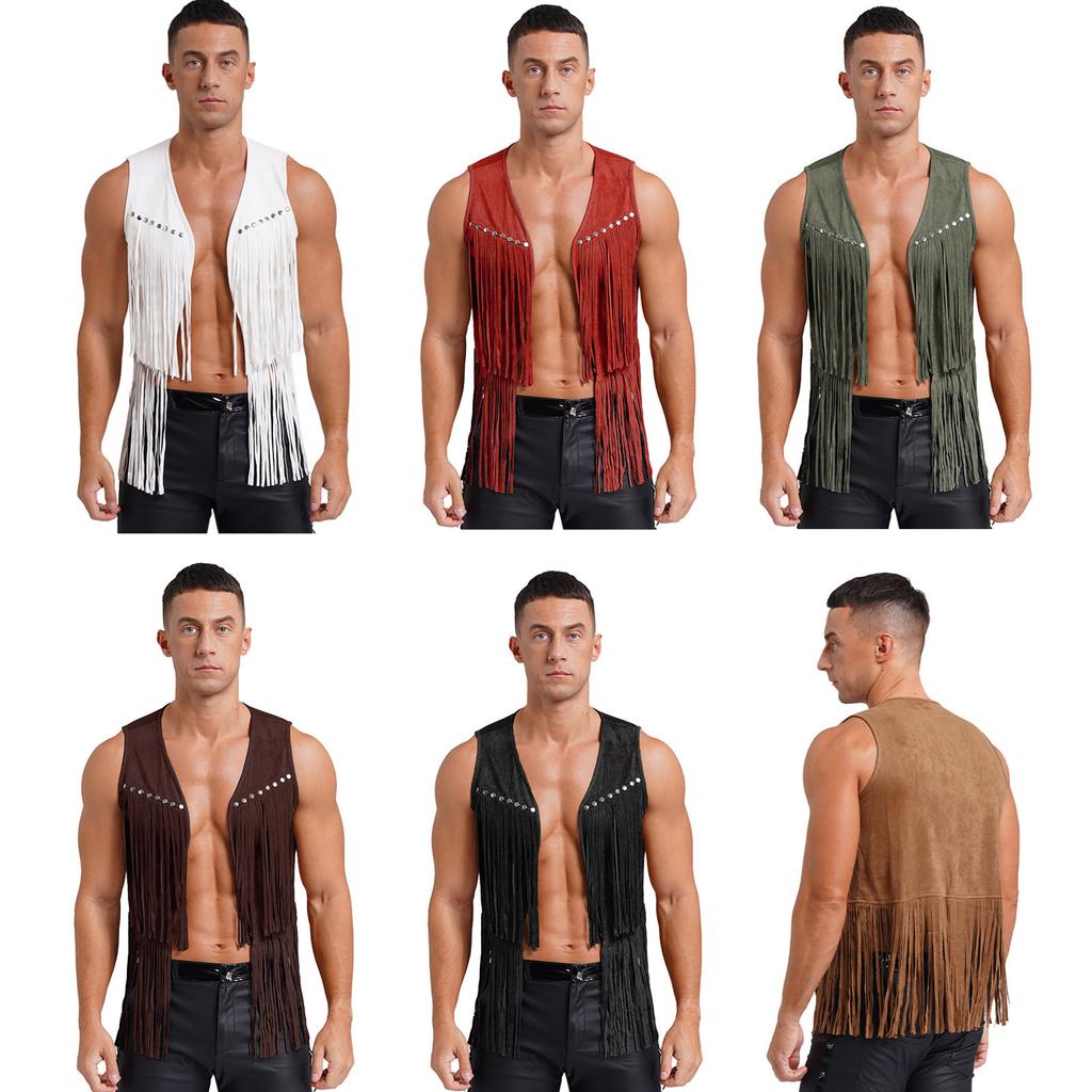Herren Kunstwildleder Quasten Weste Mode Nieten Fransen Weste Offene Vorderseite Ärmellose Jacke Westliche Cowboy