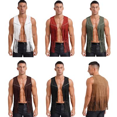 Mens Western Cowboy Vest Faux Suede Tassel Design Rivets Fringe Waistcoat Open Front Sleeveless Jacket