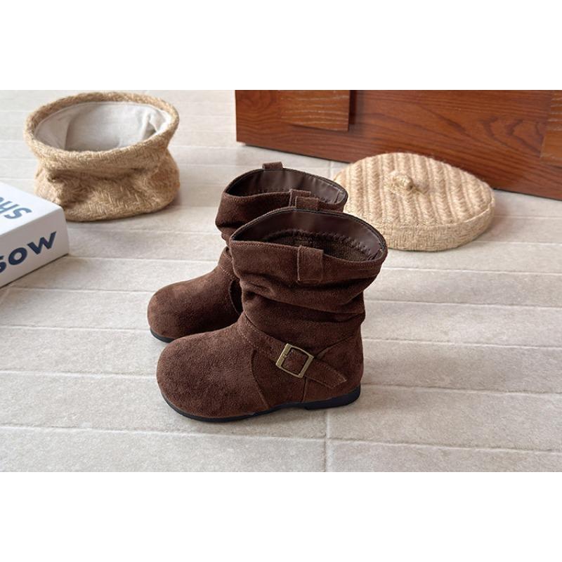 Kids Girls Retro French Style Suede Slouchy Mid Calf Slip On Boots