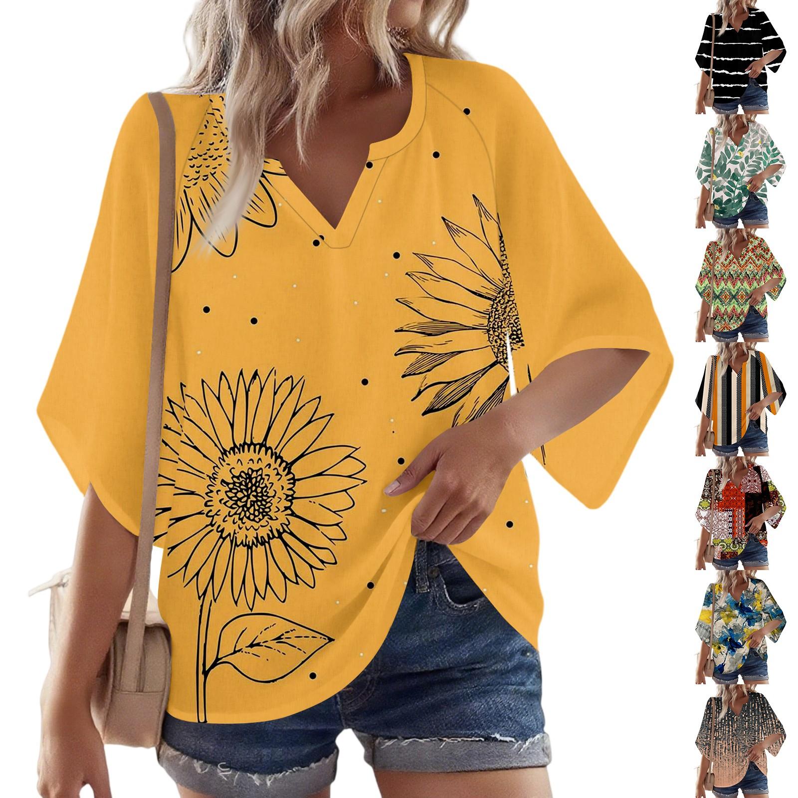 

Women s 3/4 Sleeve V Floral Shirt Casual Loose Tunic Top S