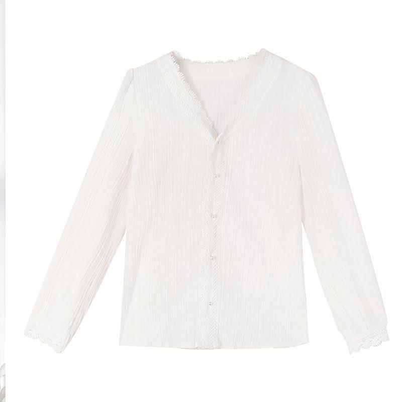 2026 Spring & Autumn White Lace Patchwork Women's Fashion Shirt - Versatile Design