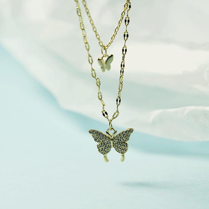 Korean Rhinestone Butterfly Double Layer Necklace - Versatile Cool Aesthetic Clavicle Chain for Women