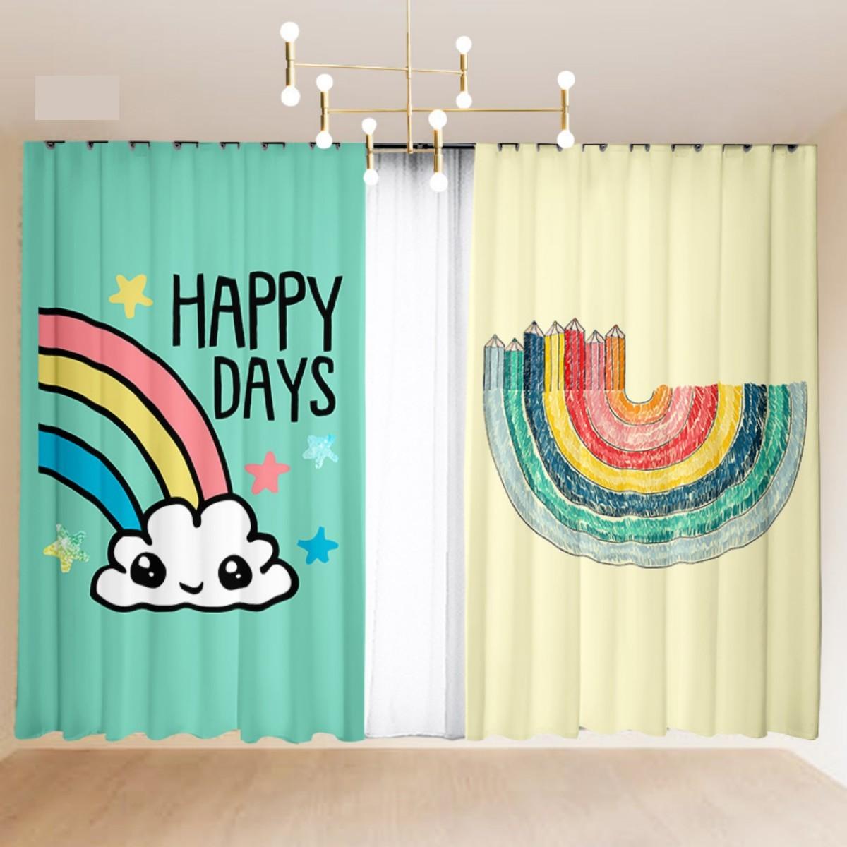 2 Stück Maßgefertigte Kinder-Cartoon Rosa Prinzessin Wind Regenbogen Einhorn Pferd Vorhang Kleines Mädchen Schlafzimmer Halbverdunklungsvorhang Jalousien 2x50W100H(CM)&hook