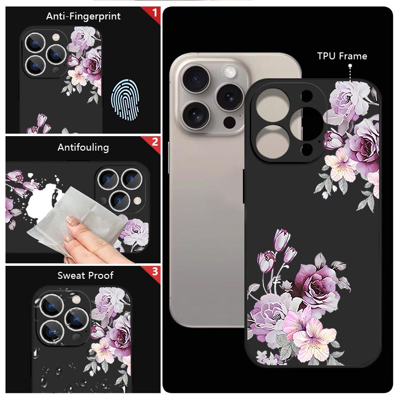 Carcasă rezistentă la șocuri cu model floral violet pentru iPhone 16 Pro Max 15 Pro 14 13 12 Mini 11 XS XR 8 7 Lanyard TPU Lens Protection Matte Soft Phone Cover