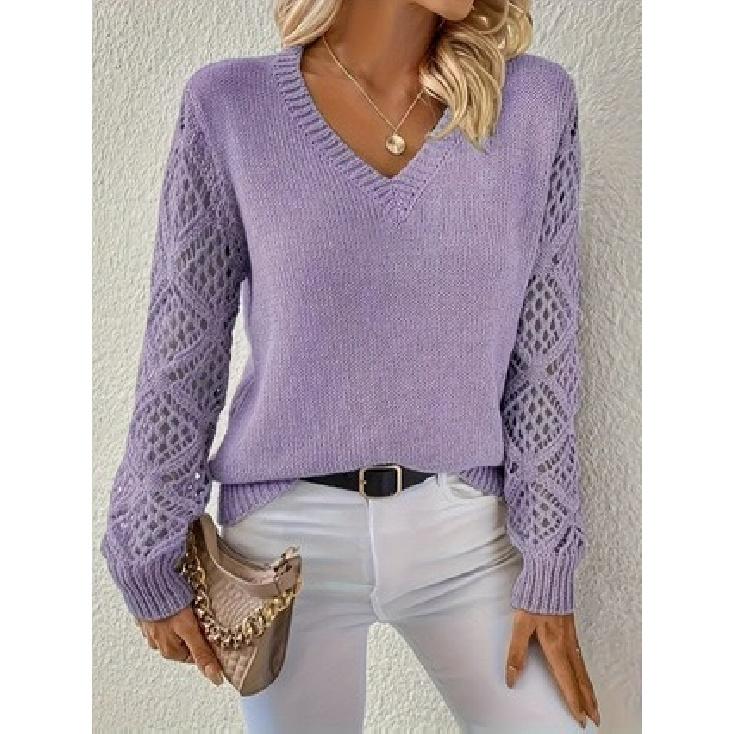2026 Spring and Autumn New Hollow Knit Sweater for Women, V-neck Pullover, Long Sleeve