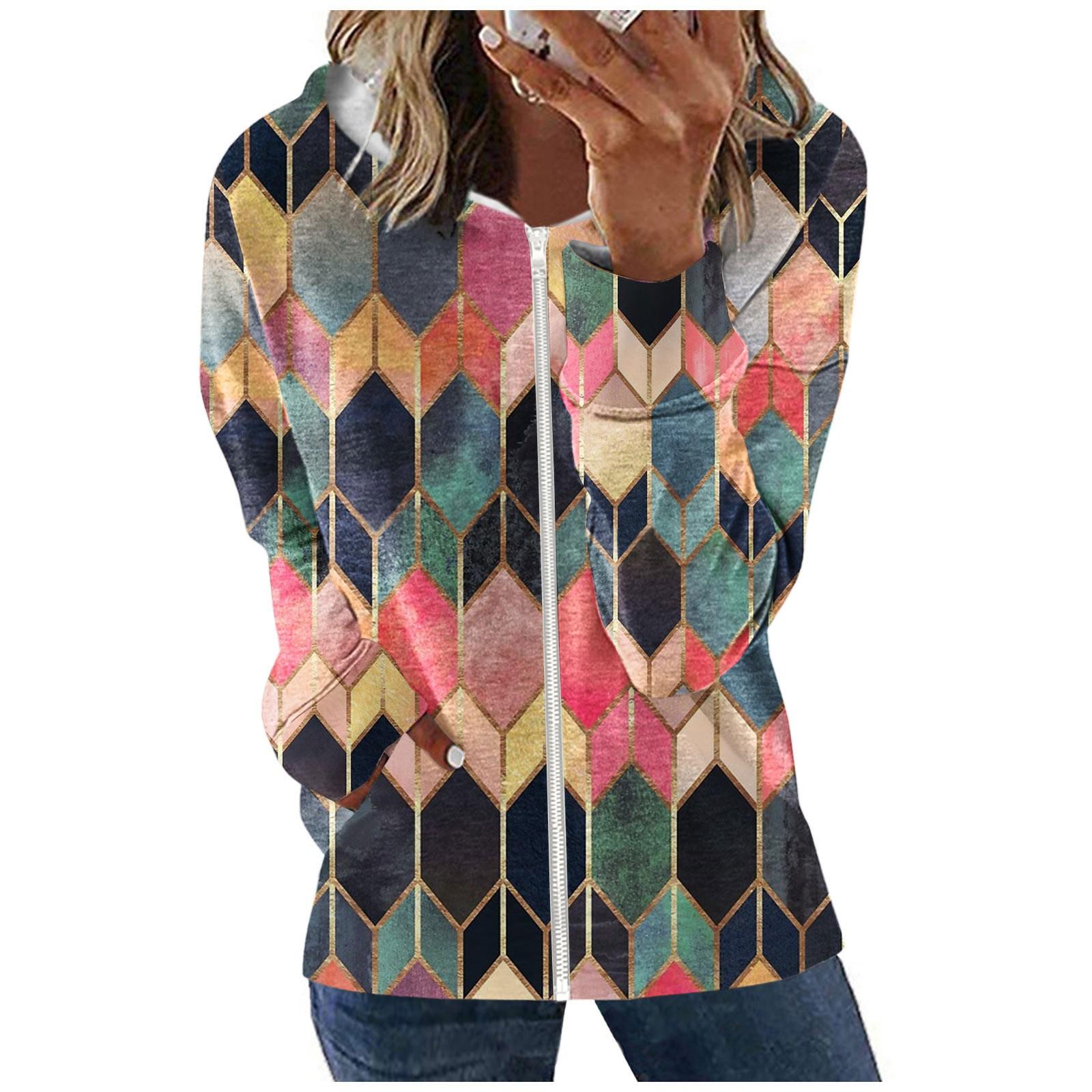 

Women s Fashion Casual Zipper Color Printed Long-sleeve Pocket Hooded Coat L