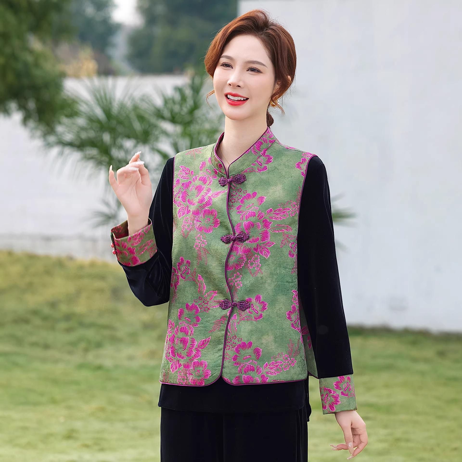 

Luomeng Elegant Spring Two-Piece Set for Middle-Aged Women - Gold Velvet Floral Top & Vest 3XL for 135-150 lbs