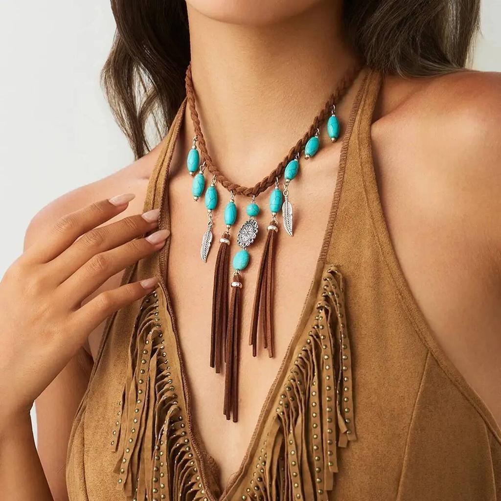 IngeSight.Z Vintage Ethnic Feather Tassel Choker Necklace Women Boho Woven Rope Stone Pendant Clavicle Chain Party Jewelry Gift