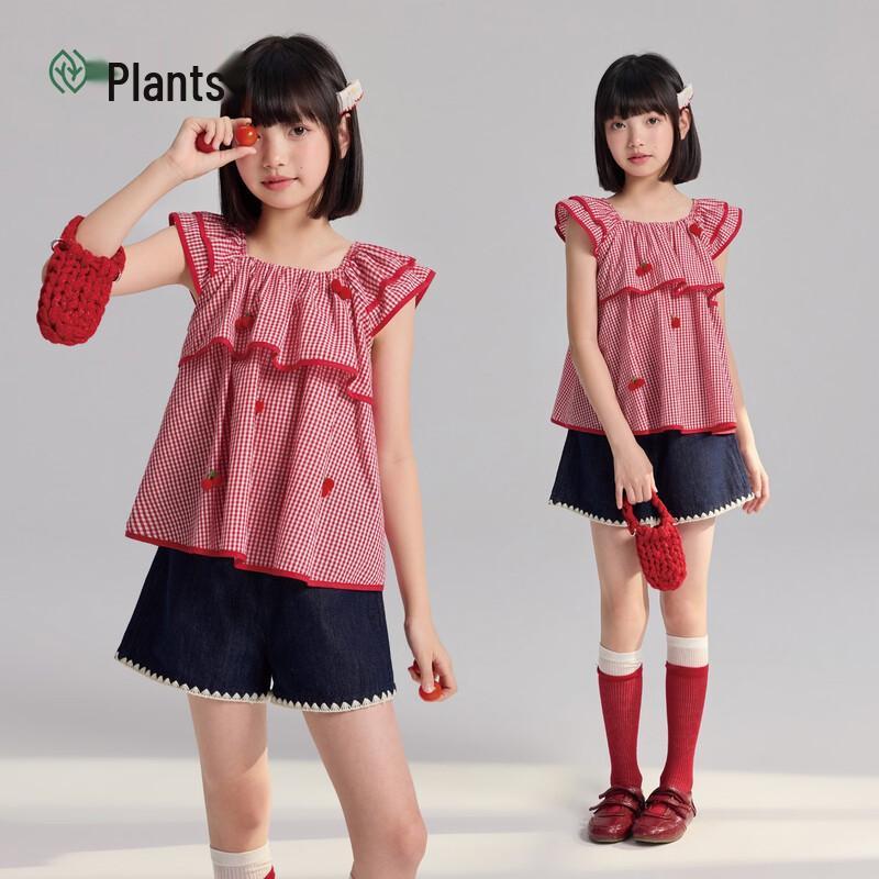Girls  Pure Cotton Plaid Ruffle Sleeve T-Shirt 160